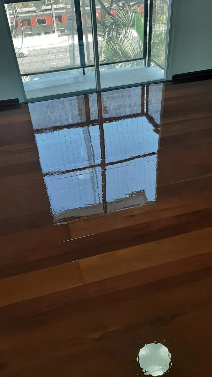 Assoalho de tábuas escuras refletindo a janela após o acabamento, Aplicadora Embuarte