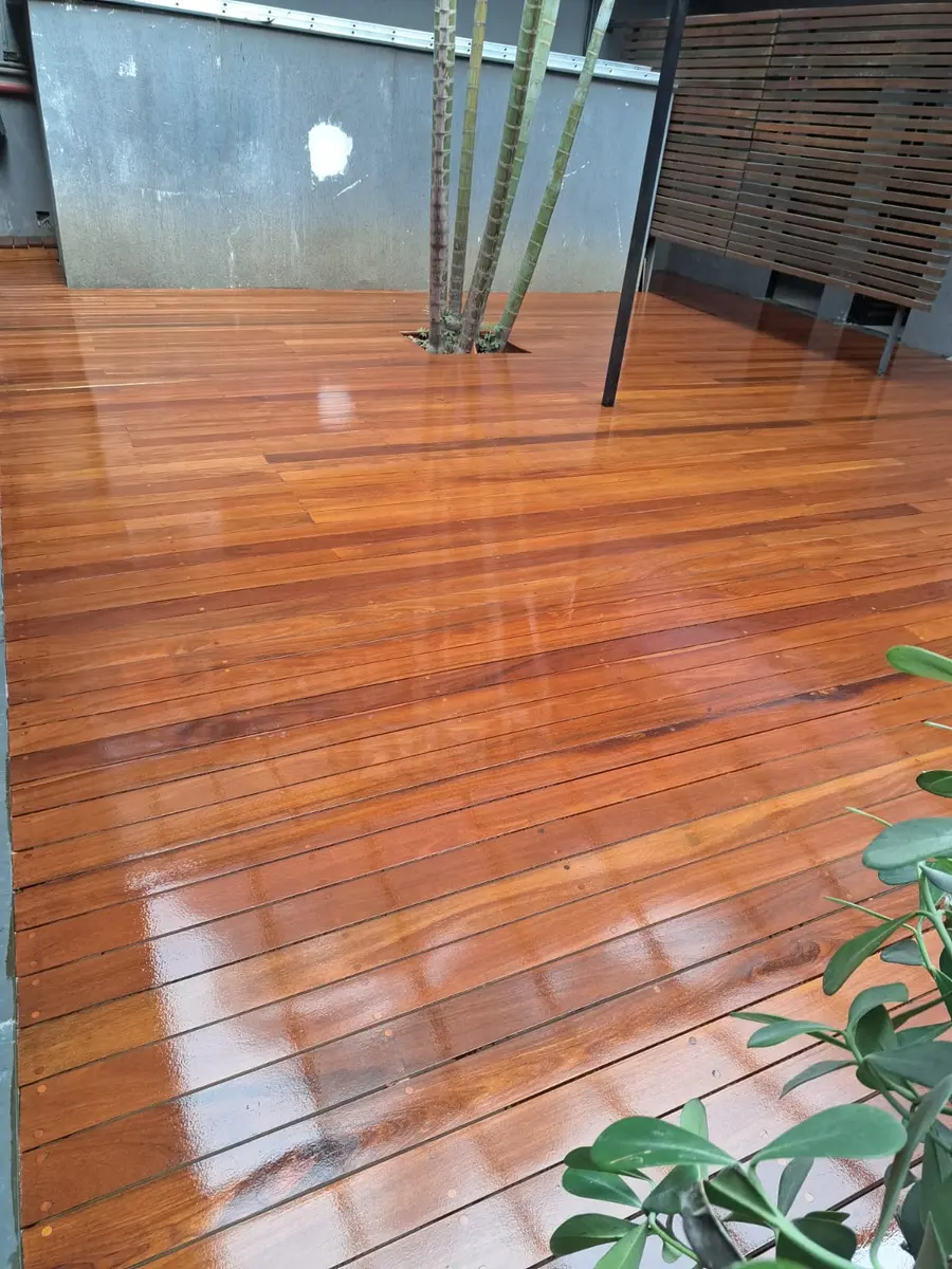 Deck externo envernizado com palmeiras no recorte do piso, Aplicadora Embuarte